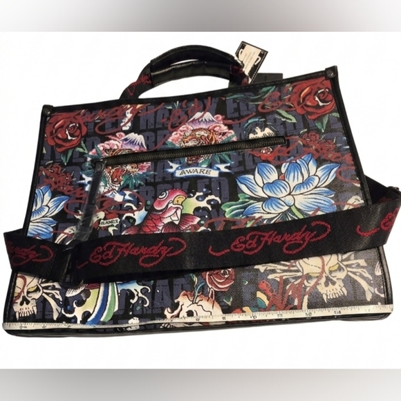 Ed Hardy Straw/Woven Tote Bag Rhinestones  Crossbody Strap Love Kills Slowly - Picture 9 of 14